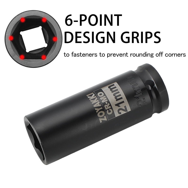ZOYAKKI 1/2 "" Drive x 21 mm Deep 6 PT Impact Socket  CR-MO  1/2-inch Drive 6 Point Axle Nut Socket for Easy Removal of Axle Shaft Nuts (21MM) - Image 2